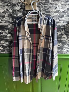 Barbour Plaid Button-Down Shirt in Beige, Navy & Red Accents